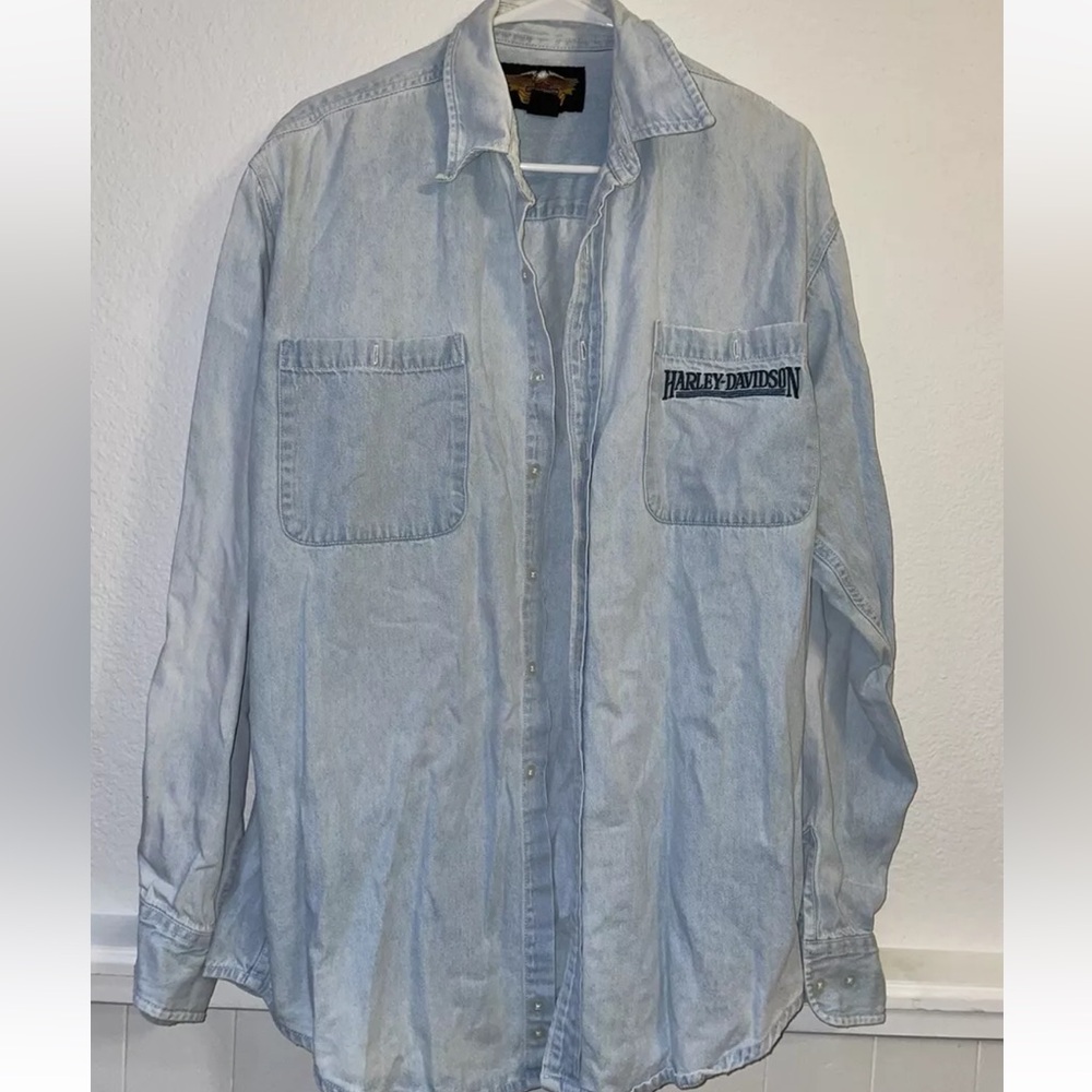 Vintage Harley Davidson Denim Button Up Shirt Long Sleeve Size L mens